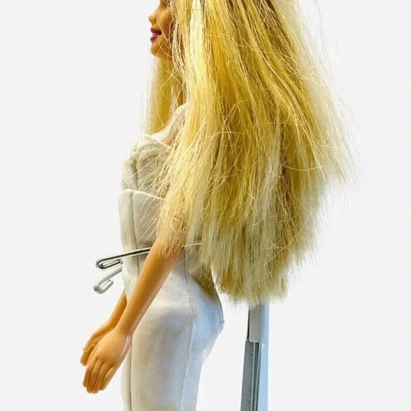 MATTEL BARBIE Doll White Gown 12"Tall Blonde Hair Purple Eyes Articulated Elbows - Picture 8 of 12